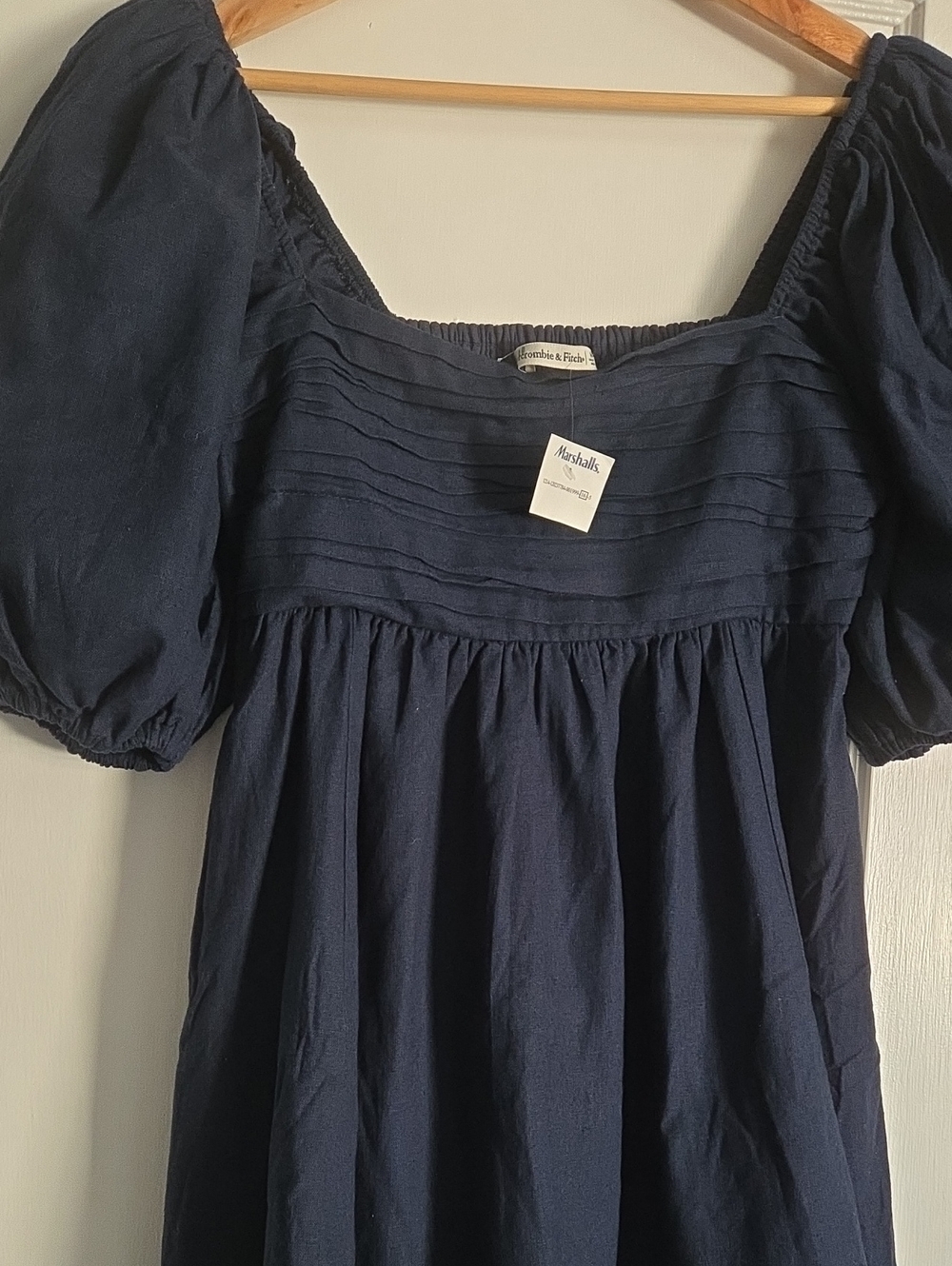 A&F Navy Puff-Sleeve Square Neck Dress Linen